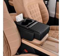 Armrest Box Multifunctional PU Leather Car Centro Armrest Pillow, Arm Rest Cover with Cup Holder, Tissue Box & Phone Slot, Cars Accessories Interior Organizers (Black,Embossed)