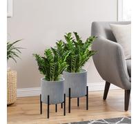 ARNIS Set di 2 vasi per piante moderni, grandi con supporto, vasi decorativi, vasi in metallo con fori di drenaggio, per soggiorno, ufficio, giardino o balcone, 20 e 26 cm, cemento scuro opaco