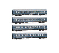 Arnold HN4420 DR, confezione da 4 pezzi OSShD carrozze di tipo B Touristen-Express, set 1 di 2, livrea blu, epIII, 2 x WLAB più 1 x WR più 1 x Salon Carrozze passeggeri