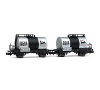 Arnold HN6700 FS, confezione da 2 carri cisterna a 2 assi, livrea grigio scuro "Agip", ep. III-IV