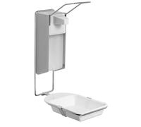 ARNOMED 1 Distributore di disinfettante con vaschetta di raccolta, dispenser in alluminio da 1000 ml, dispenser di sapone per montaggio a parete con leva lunga, dispenser Euro per disinfettante
