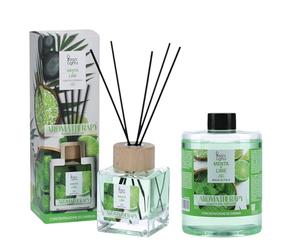 Aroma Therapy Menta Lime, Concentrazione ed Energia, Diffusore 250 ml a bastonicini + Ricarica 500 ml, Prodotto in Italia - Magic Ligths Diffusore in vetro con tappo in legno