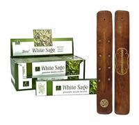 AROMASENSES | Confezione da 12 Scatole di Incenso Salvia Bianca di Balaji Masala + Targhetta Porta Incenso Aromasenses in Regalo | Naturale | 15 g x 12 = 180 g | Rilassamento | Meditazione | Yoga