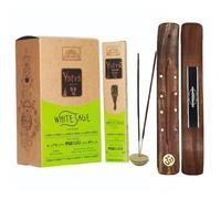 Aromasenses.- Encens Yatra Parimal Sauge Blanche - Boîte Complète de 12 paquets de 15 Grammes + 1 Tablette Aromasenses - Encens Masala Fait Main - Yoga - Méditation (Sauge Blanche)