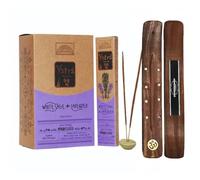 Aromasenses.- Encens Yatra Parimal Sauge Blanche + Lavande - Boîte Complète de 12 paquets de 15 Grammes + 1 Tablette Aromasenses - Encens Masala Fait Main (Sauge Blanche + Lavande)