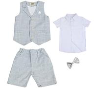 aromm 4 Pezzi Completo Estivo Ragazzi Slim Fit Camicia a Maniche Corte e Pantaloncini e Gilet e Papillon per Nozze Festa Compleanno Scuola, Grigio 150