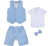 aromm 4 Pezzi Completo Estivo Ragazzi Slim Fit Camicia a Maniche Corte e Pantaloncini e Gilet e Papillon per Nozze Festa Compleanno Scuola, Blu 150