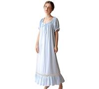 aromm Donna Estate Lunga Vittoriano Camicie da Notte Maniche Corte Pizzo Cotone Elastico Pigiami Blu, S