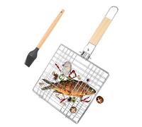 AROMUJOY Griglia per Barbecue, Cestino da Barbecue Pieghevole in Acciaio Inox, Cestello per Barbecue Portatile con Manico in Legno e Spazzole in Silicone per Grigliare Carne Pesce Bistecche