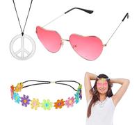 ARONRAVE Hippie, set di accessori hippie anni '70, abbigliamento hippie da donna, set con occhiali vintage, segno di pace, collana hippie, accessori da donna, vestito per carnevale e feste