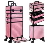 Arous Valigetta professionale 5 in 1 per trucchi in alluminio, valigetta per cosmetici con rotelle, trolley extra large, organizer da viaggio per trucchi, con ruote girevoli a 360°, rosa.., rosa