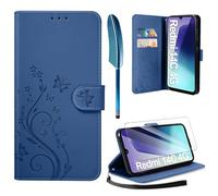 AROYI Cover Compatibile con Xiaomi Redmi 14C 4G/ Poco C75 4G e Vetro Temperato, Retro Design Flip Caso in PU Pelle Premium Portafoglio Slot per Schede Chiusura Magnetica Custodia Blu Scuro