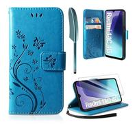AROYI Cover Compatibile con Xiaomi Redmi 14C 4G/ Poco C75 4G e Vetro Temperato, Retro Design Flip Caso in PU Pelle Premium Portafoglio Slot per Schede Chiusura Magnetica Custodia Blu