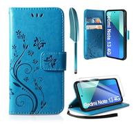 AROYI Cover Compatibile con Xiaomi Redmi Note 13 4G（Nicht für 5G） e Vetro Temperato, Retro Design Flip Caso in PU Pelle Premium Portafoglio Slot per Schede Chiusura Magnetica Custodia Blu