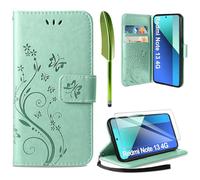 AROYI Cover Compatibile con Xiaomi Redmi Note 13 4G（Nicht für 5G） e Vetro Temperato, Retro Design Flip Caso in PU Pelle Premium Portafoglio Slot per Schede Chiusura Magnetica Custodia Verde Chiaro