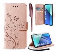 AROYI Cover Compatibile con Xiaomi Redmi Note 13 4G（Nicht für 5G） e Vetro Temperato, Retro Design Flip Caso in PU Pelle Premium Portafoglio Slot per Schede Chiusura Magnetica Custodia Oro Rosa