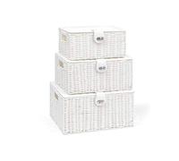 Arpan, set di 3 cestini in resina intrecciata con coperchio e serratura, bianco, Large, Medium, Small