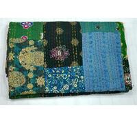 Arprani - Copriletto trapuntato fatto a mano, stile vintage, in cotone indiano, dimensione king, patchwork, Kantha, in seta, copriletto matrimoniale