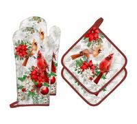 Arquiel Guanti Da Forno Presina Set Di 4 Natale, 100% Cotone Addensare Guanti Da Forno A Microonde, Presine Da Cucina Antiscivolo Resistenti Al Calore Per Cucinare Forno Regalo(Uccello rosso Natale)
