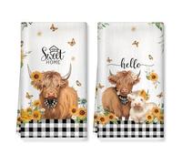 Arquiel Set 2 Strofinacci Cucina Vintage, Mucche Highlander Farmhouse Rustico, Canovacci Misto Cotone 380gsm Spessi e Assorbenti, Idea Regalo per la Casa Decorazione Cucina, 42x70 cm