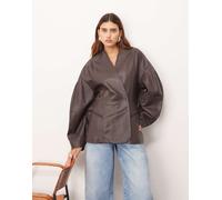 ARRANGE - Giacca in pelle morbida color cioccolato stretta in vita con maniche ovoidali-Marrone 50