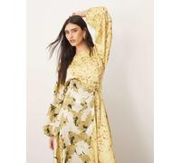 ARRANGE - Vestito midi a maniche lunghe stropicciato in raso colorblock a fiori con finiture-Multicolore 44