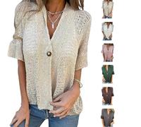 Arrangenal Hollow V-Neck Single Button Loose Short Sleeves,Women's Crochet Cardigan Blouse Down Open Front Loose Knit Sweater (Apricot,3XL)