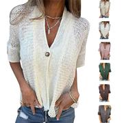 Arrangenal Hollow V-Neck Single Button Loose Short Sleeves,Women's Crochet Cardigan Blouse Down Open Front Loose Knit Sweater (White,S)