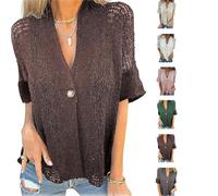 Arrangenal Hollow V-Neck Single Button Loose Short Sleeves,Women's Crochet Cardigan Blouse Down Open Front Loose Knit Sweater (Brown,S)