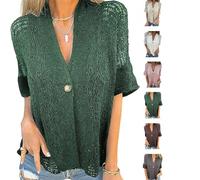 Arrangenal Hollow V-Neck Single Button Loose Short Sleeves,Women's Crochet Cardigan Blouse Down Open Front Loose Knit Sweater (Green,XL)