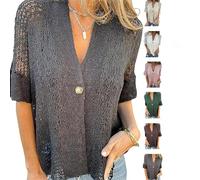 Arrangenal Hollow V-Neck Single Button Loose Short Sleeves,Women's Crochet Cardigan Blouse Down Open Front Loose Knit Sweater (Black,XL)