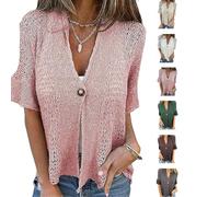 Arrangenal Hollow V-Neck Single Button Loose Short Sleeves,Women's Crochet Cardigan Blouse Down Open Front Loose Knit Sweater (Pink,XXL)