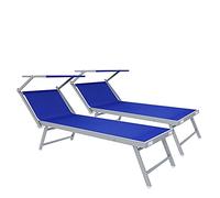 Arreditaly Coppia Di Lettini Prendisole 720 gr/m² Pieghevole Professionale In Alluminio Tettuccio Orientabile Parasole Sdraio Lettino Prendi Sole Mare Spiaggia Piscina Giardino 182 x 60 x 38 cm (Blu)