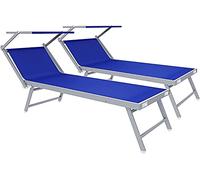 Arreditaly Coppia Di Lettini Prendisole 720 gr/m² Professionale Pieghevole In Alluminio Tettuccio Orientabile Parasole Lettino Prendi Sole Sdraio Mare Piscina Spiaggia Giardino 182 x 60 x 38 cm (Blu)