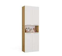 ARREDO DA CASA Mobile Armadio Bagno Moderno a Colonna 60x174x30 cm, 2 Ante con Ripiani, 2 Cesti Portabiancheria a Ribalta e Vano a Giorno con Maniglie Argento in Vari Colori ABT4 (Bianco/rovere)