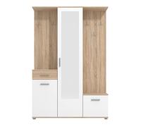 Arredo Stock Mobile da ingresso con armadio, portascarpe, specchio cassetto ed attaccapanni bianco con finiture effetto cemento, 133x197x33 cm (Quercia)