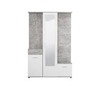 Arredo Stock Mobile da ingresso con armadio, portascarpe, specchio cassetto ed attaccapanni bianco con finiture effetto cemento, 133x197x33 cm
