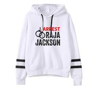 Arrest Raja Jackson Graphic Pullover Hoodie - Felpa unisex Streetwear Protest, senza tasche, manica a righe, bianco, XL