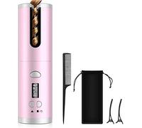 Arricciacapelli automatico senza fili, Ricarica USB styling dei capelli con display LCD, barile in ceramica professionale a riscaldamento rapido con temperatura e timer regolabili,Rosa