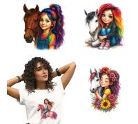 arricraft 4 fogli di adesivi termoadesivi con logo di abbigliamento, colorati con capelli donne e cavalli, decalcomanie per fai da te t-shirt, jeans, zaini, famiglie, abbigliamento, cappelli