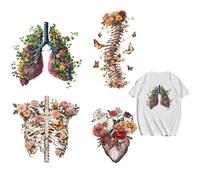 arricraft 4 pz. toppa termoadesiva per tessuti, 4 Dimensioni Pianta Fiore Polmoni Colonna Vertebrale Umana Stirabili Petto Costole Cuore Adesivi Trasferibili A Caldo PET Toppe Lavabili per Vestiti