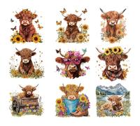 arricraft 9 fogli di plastica toppa termoadesiva per tessuti, Highland mucca girasole modello trasferimento di calore film adesivo set per fai da te cappelli giacche t-shirt borse decorative