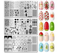 arriettycraft Set di 3 piastre per stamping unghie a forma di frutta, anguria, fragola, ananas e limone, con motivo scozzese a scacchi e francesi, per nail art fai da te, manicure e saloni di bellezza