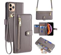 Arseaiy Custodia a portafoglio per Honor 7A/Y6 Prime 2018/7C Custodia a portafoglio con tracolla magnetica tasca con cerniera in pelle PU antiurto con cavalletto guscio per telefono grigio