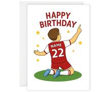 Arsenal - Biglietto di auguri personalizzato per compleanno, con nome e numero, formato A5, con busta, motivo kit rosso, ideale per ragazzi, ragazze o tifosi del FC, regalo personalizzabile