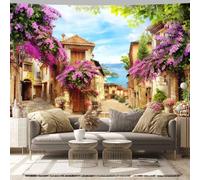 Arsey Arazzo da parete mediterraneo Bougainvillea, scena stradale, città costiera, paesaggio, boho bellissimo, arazzo, caffetteria, ristorante, soggiorno, decorazione, 300 x 180 cm