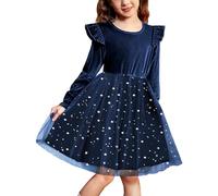 Arshiner Abiti Bambina Bambino Velluto Abito in Tulle Glitter Abito a Maniche Lunghe con Volant Abito da Festa a Linea Kidner Abito da Sera Elegante Ritorno a Scuola Abiti per Bambini Blu 2-3 Anni