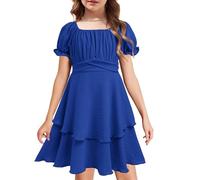 Arshiner Abiti per Ragazze Abiti con Volant con Maniche a Sbuffo Abiti Midi in Chiffon Abiti Casual per Bambini Abiti a Strati Abiti per la Scuola con Cintura Blu 5-6 Anni
