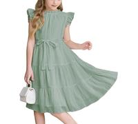 Arshiner Abiti Ragazza Verde Abito Estivo Maniche con Volant Abito Festivo Abito Pasquale per Bambini Abito Midi Abito Casual Abiti da Festa per Bambini Abiti per la Scuola con Cintura 5-6 Anni