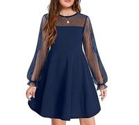 Arshiner Abito a Maniche Lunghe a Rete per Ragazze, Trapezio Elegante e Casual, Vestito da Principessa Estivo con Volant, Blu Navy 120